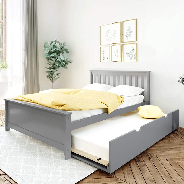 BEDSMART Lit Double en Bois Massif avec Tiroir-Lit / Gris