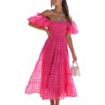 thumbnail image 1 of Faithtur Femmes Été Décontracté une Ligne Robe Courte Puff Manches sur l'Épaule Midi Plaid Robe, 1 of 7