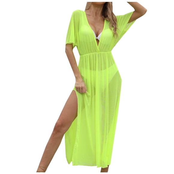 Plebaso Womens Mesh Cover up Beachwear High Split Long Bikini Dress V Neck Lightweight Bathing Suit Coverup