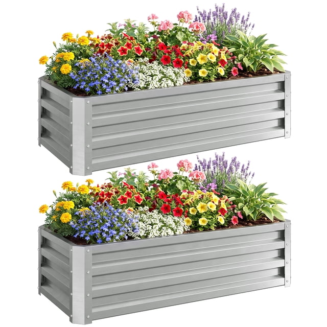 Outsunny Raised Garden Beds Set of 2, Galvanized Planter Box, Silver