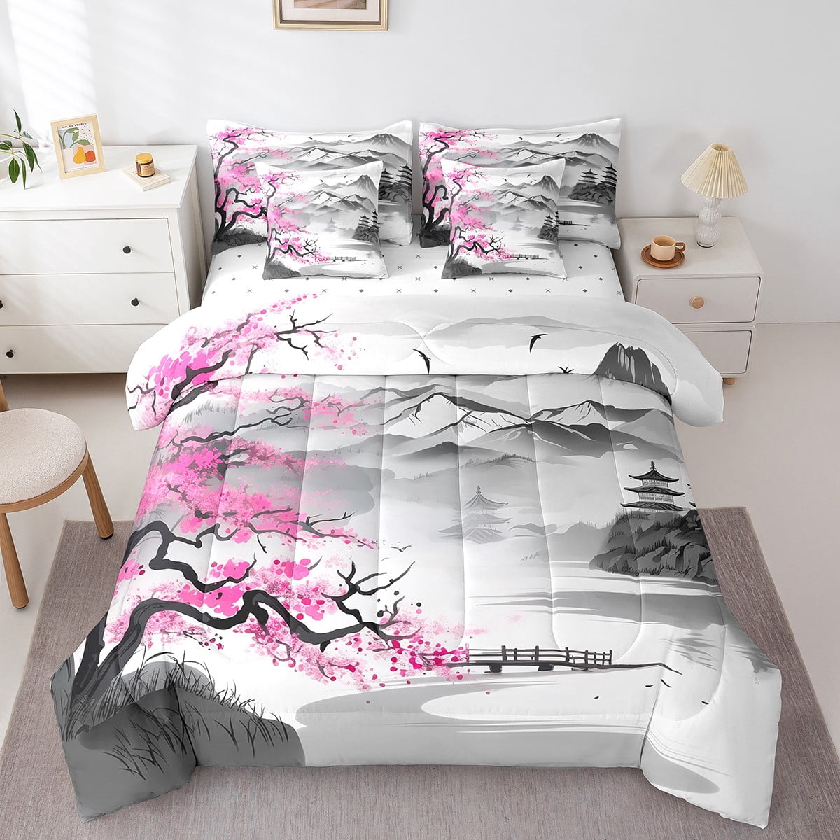 YST Cherry Blossoms 7-Piece Comforter Set, Japanese Style Bedding with Mount Fuji Design, Queen Size, White Grey Pink
