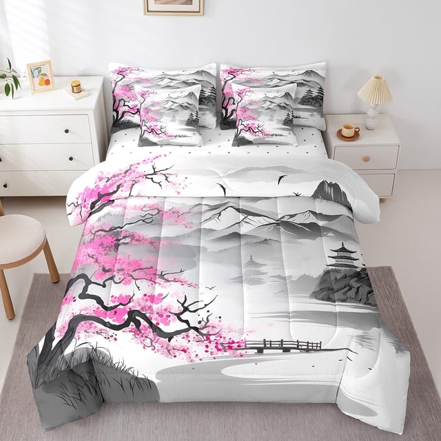 YST Cherry Blossoms 7-Piece Comforter Set, Japanese Style Bedding with Mount Fuji Design, Queen Size, White Grey Pink