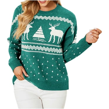 RKSTN Chandail de Noël Laid pour Femmes Mode Automne 2023 Chandails Tricotés à Manches Longues Imprimés de Noël Chandail Col Rond Décontracté Hauts
