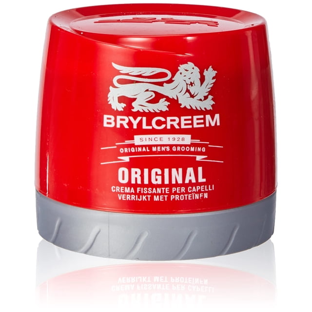 Brylcreem 150 ml ORIGINAL Crème Fixatrice pour Cheveux en Contenant Rouge et Gris avec Marque Blanche, Présentant un logo lion et un Texte Indiquant « ORIGINAL Toilettage pour Hommes ». Cette Crème Coiffante Nourrit et Garde les Cheveux en Forme Toute la Journée.