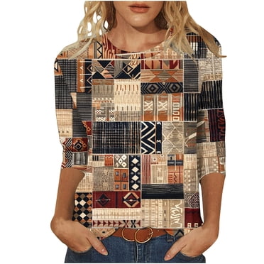 HKEJIAOI Womens Floral Printed 3/4 Length Sleeve Shirts Round Neck Loose Fit T-Shirts Casual Fashion Pullover Tops, Brown-A XL