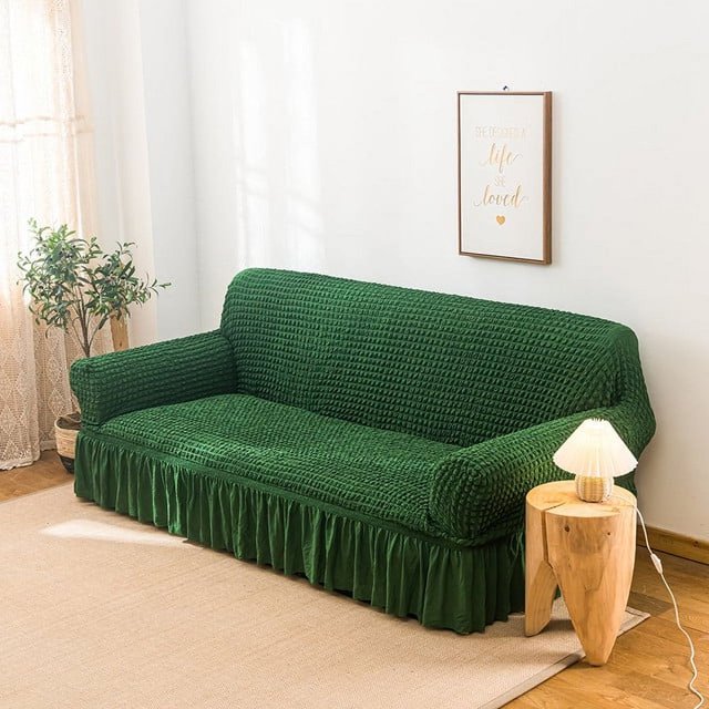 2024 1 Piece Sofa Slipcover with Pleated Ruffled Skirt Washable High Stretch Durable Furniture Protector 3 Seater Pine Green