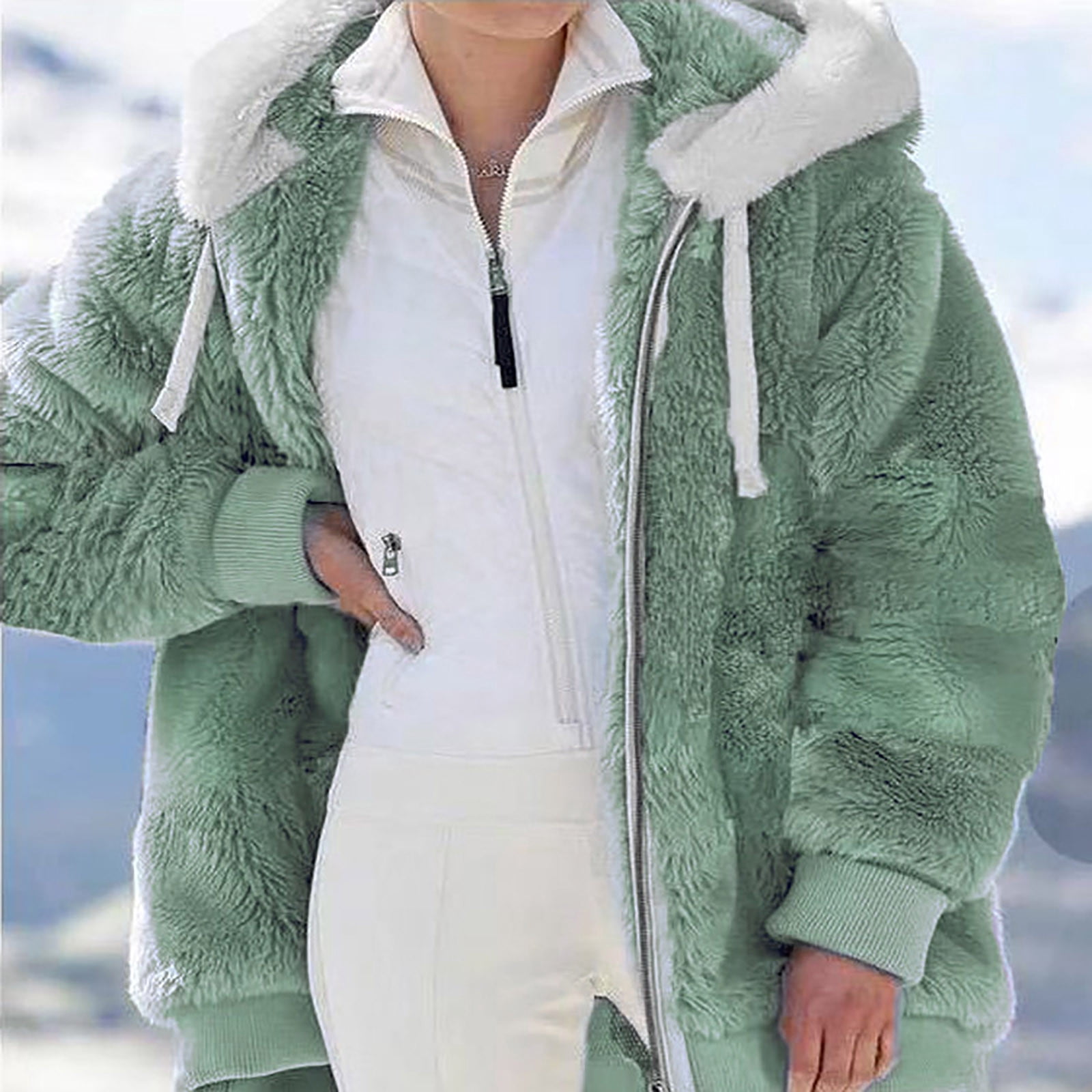 Mikilon Women Plus Size Winter Warm Loose Plush Zip Hooded Jacket Coat