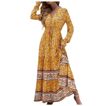 Robe Femme Mode Confortable Hiver Décontractée à Imprimé Floral à Manches Longues à Col en V