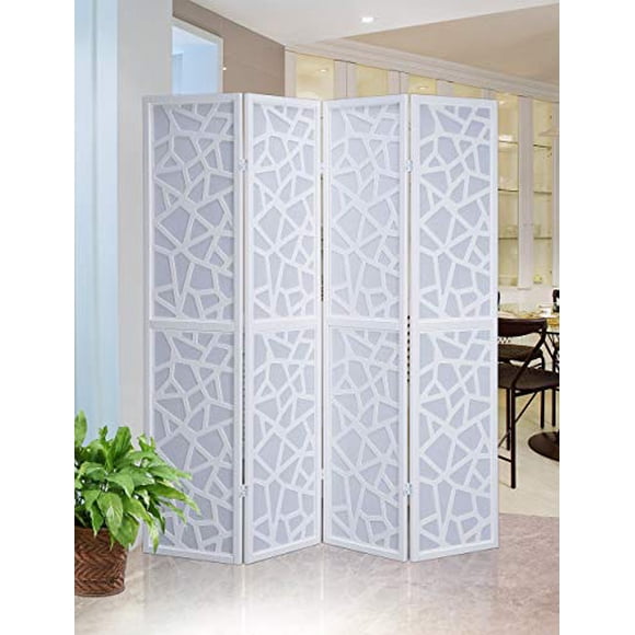 Roundhill Furniture Giyano 4 Panel Wood Frame Screen Room Divider, 70.00 x 1.00 x 70.00 Inches, White