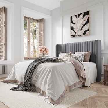 Amolife Lit Grand en Velours Rembourré avec Tête de Lit à Ailes, Gris Pâle