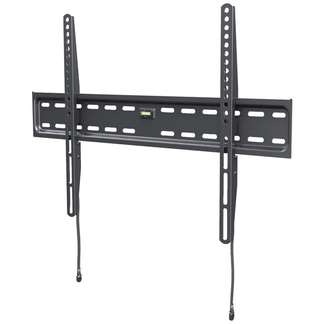 onn. 50 in.–86 in./127 cm–218.44 cm Fixed TV Wall Mount in matte black metal with horizontal mounting plate and vertical brackets featuring multiple VESA-compatible slots, quick-release cords, and built-in bubble level for easy 3-step installation, supporting TVs up to 120 lbs and positioning them 0.866 in. from the wall, suitable for compact living spaces.