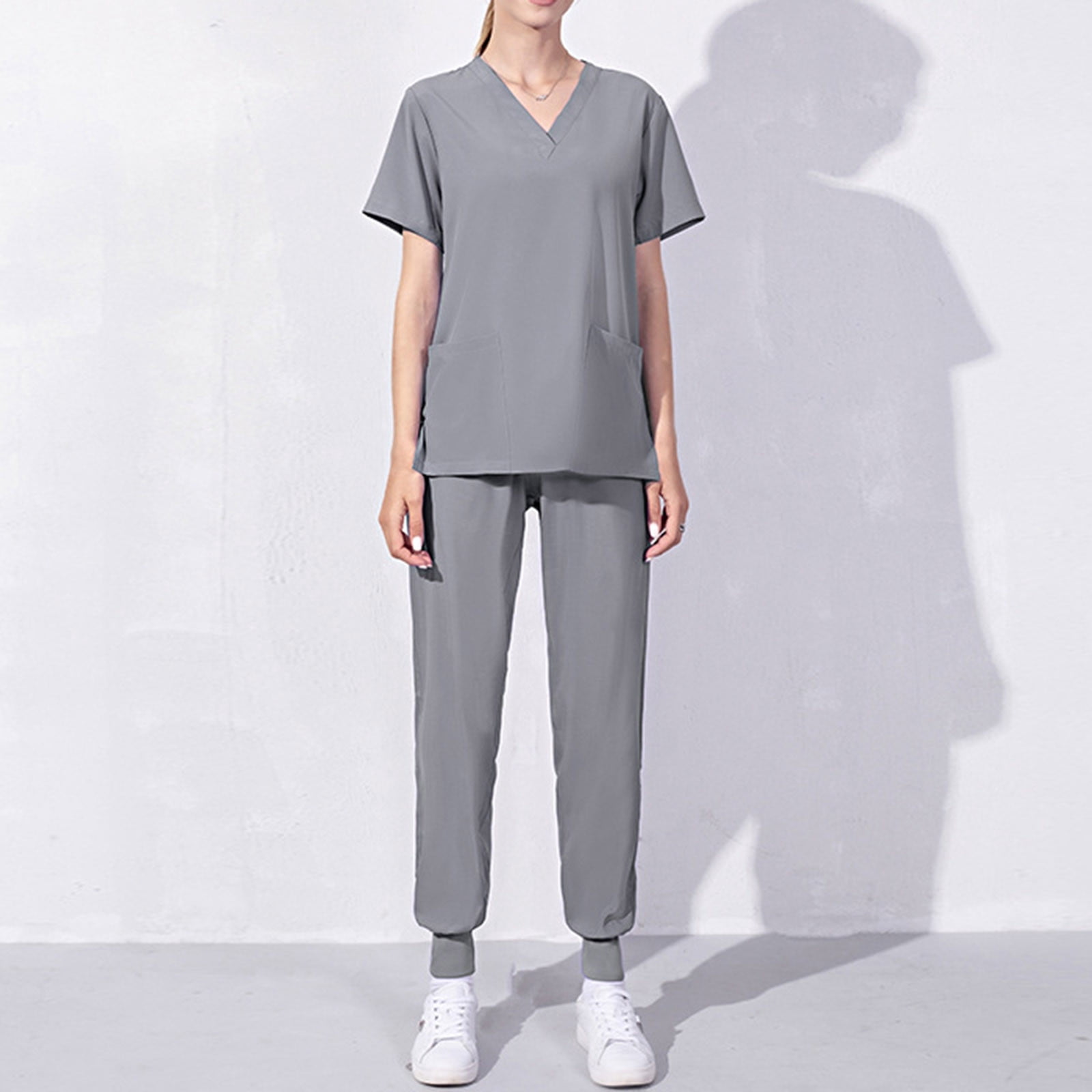 Women's Short-Sleeved Solid Color Pocket V-Neck Nurse Suit