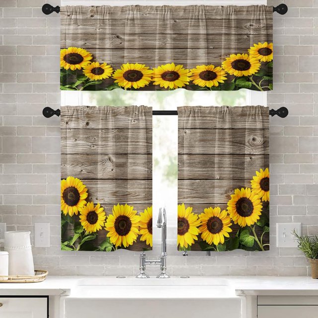 Sunflowers Kitchen Curtains Yellow Flower Window Curtains and Valances Set, Summer Short Tier Curtain for Kitchen, Rustic Vintage Wooden Board Small Kitchen Decor 52" x 24"