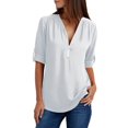 thumbnail image 1 of Hauts d'Été pour Femmes Grande Taille Fermeture à Glissière Tunique Décontractée Manches Roulables Blouse Hauts Chemises Blanc Liquidation, 1 of 6