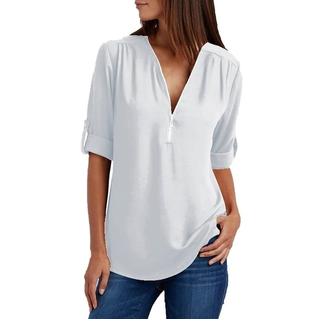 Hauts d'Été pour Femmes Grande Taille Fermeture à Glissière Tunique Décontractée Manches Roulables Blouse Hauts Chemises Blanc Liquidation