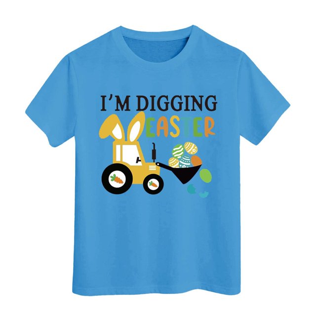 PMVFHDE T-Shirt Graphique à Manches Courtes Imprimé Lapin de Pâques pour Enfants, Col Rond, Décontracté, pour Garçons et Filles, Tee-Shirt de Vacances Printemps Été, Bleu, 8-9 Ans