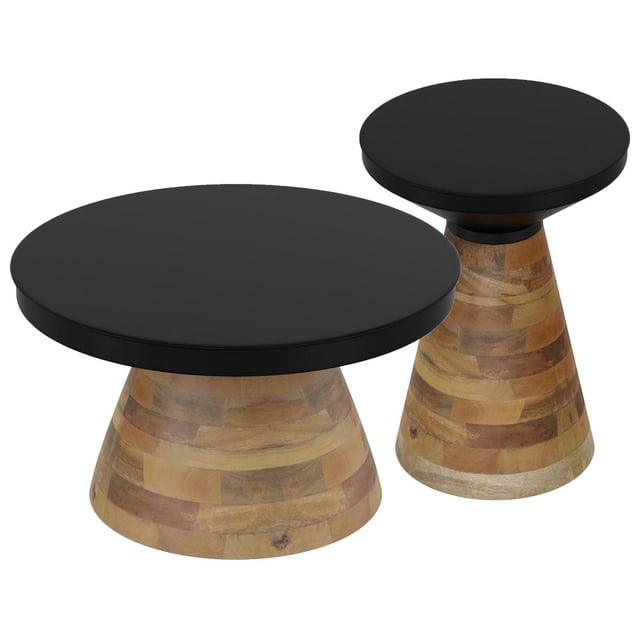 Ensemble de 2 tables Basses - Noir avec Noyer Comprenant Deux tables Modernes Mi-Siècle avec bases Coniques en Bois de Manguier Massif, Fini Noyer Clair et Dessus Rond en Fer Noir Lisse, Grande Table de 30 Pouces de Diamètre par 17,5 Pouces de Hauteur et Petite Table de 16,5 Pouces de Diamètre par 21,5 Pouces de Hauteur, Convient au Salon et à l'Accent.