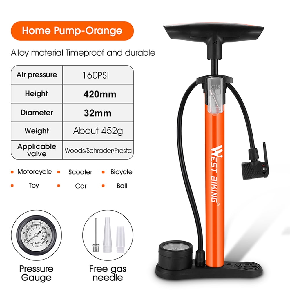 Tire WEST BIKING 160PSI Bicycle Tire Pump Inflator Household Manual Inflator Bicycle Electric Motorcycle Tire Ball Inflator Practical Stainless Steel Inflator Pump