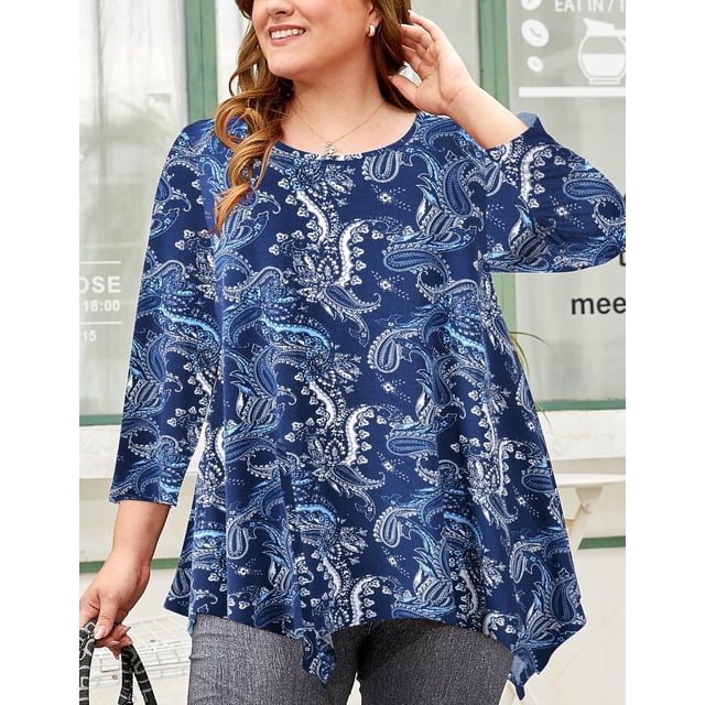 LARACE Tunique pour Femme Grande Taille, Haut Long à Manches 3/4 Roulées, Chemises Habillées Décontractées, Blouse à Col Rond A-Navy12 2X