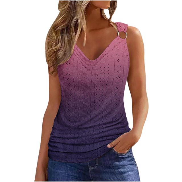 Yuyuzo Débardeurs pour Femmes Chemise Sans Manches Décontractée à Illets Col Rond Blouse Épaule Dégradé T-Shirts