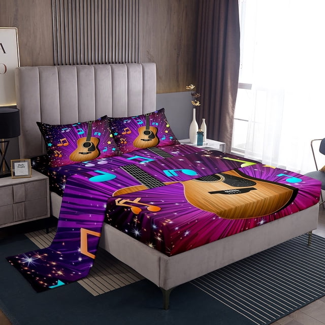 Guitar Sheets Glitter Music Notes King Bed Sheets Set,Musical Instrument Sheet Set for Kids Boys Girls Teens Room Decor Purple Gradient