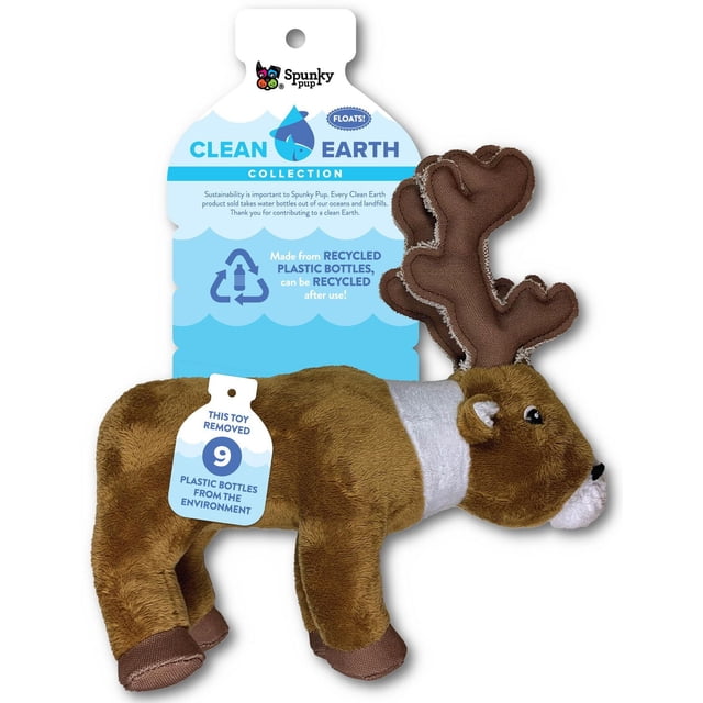 Clean Earth Plush Caribou Dog Toy- 100% Sustainable, a brown plush dog toy shaped like a caribou with darker brown fabric antlers and a white neck patch. Made entirely from recycled plastic bottles, it floats and includes a hang tag showing it removed 9 plastic bottles from the environment. Part of Spunky Pup's eco-friendly Clean Earth Collection, it is suitable for sustainable dog play and can be recycled after use.
