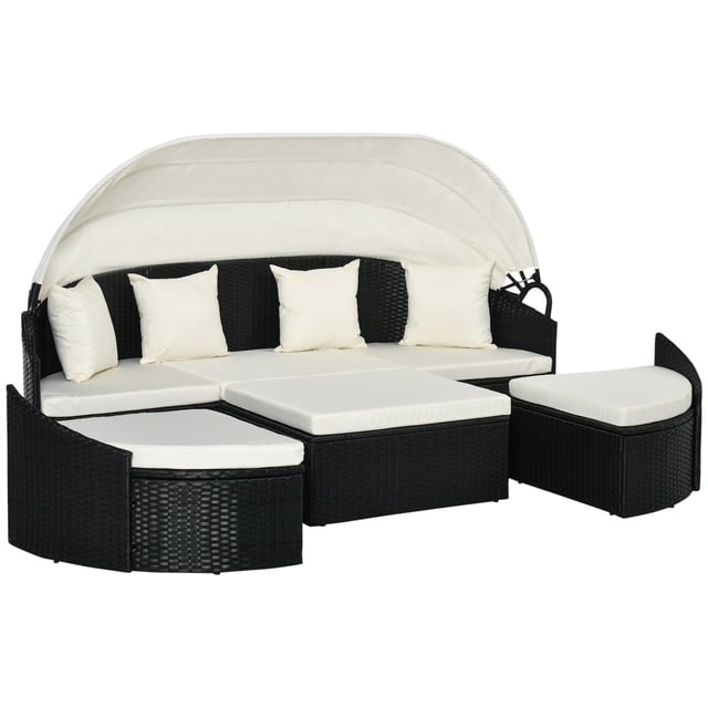 Outsunny 4 Pieces Rattan Daybed with Canopy, Cushions, Cream White