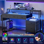 GUNAITO 60 Inch Gaming Desk with 5 Fabric Drawers and Storage Shelves, Computer Desk with LED Lights and Charging Station, Black Carbon Fiber