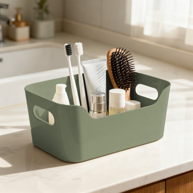 pstuiky Storage Box Kitchen Organizer & Pantry Bin for Snacks, Utensils & Spices Reusable Plastic Container with Handle, Beige