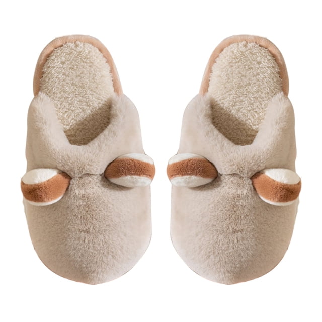 Mens and Womens Couple Furry Slippers Fluffy Plush Cute Ears Memory Foam Thick Bottom Soft Sole Comfortable Non-Slip Warm Winter Home Slippers Khaki