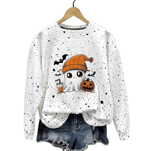 LMKIHUSA Chandails d'Halloween Fantôme pour Femmes Mode Décontractée Automne 2025 Chandail Kawaii Graphique Brillant Col Rond Chandail à Manches Longues Hauts Saison Effrayante Blanc,TG