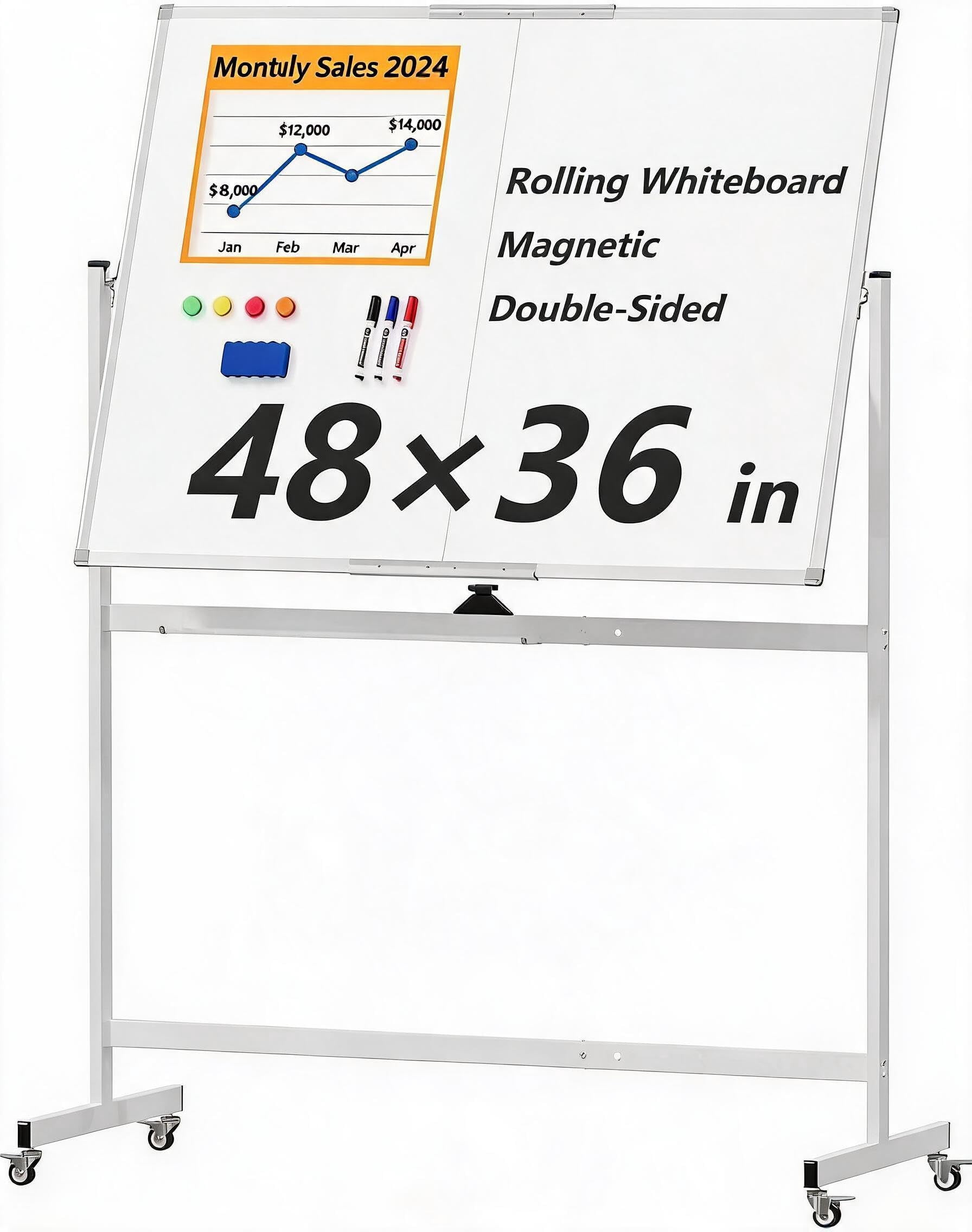 48×36" Double-Sided Magnetic Rolling Whiteboard, Height Adjustable Standing Easel on Lockable Wheels, Portable Dry Erase Board for School Office Homeschool