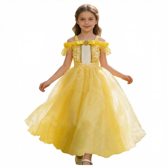 Girls Yellow Formal Dress, Off Shoulder Princess Ball Gown with Lace Satin Bow, Tulle Birthday Party Dress for Big Kids, Evening Wear for Special Occasions