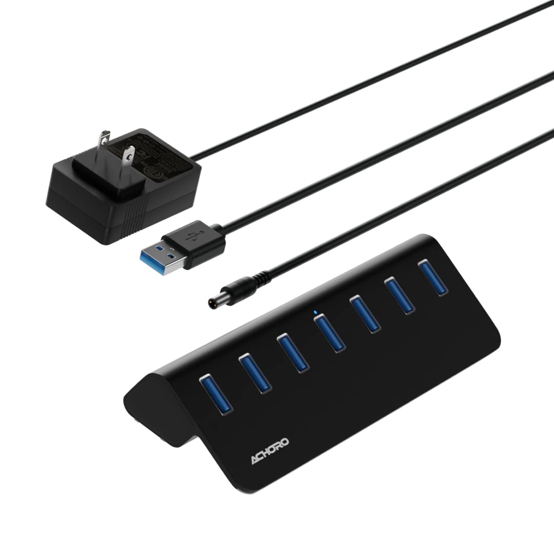 Achoro 7 Ports Powered USB HUB â€“ 2nd Generation 10GB Super Speed External USB Port â€“ USB 3.2 Aluminium USB Hub for Computer, Mac, PCs, Computer Multiple USB Hub (POWERED BLACK)