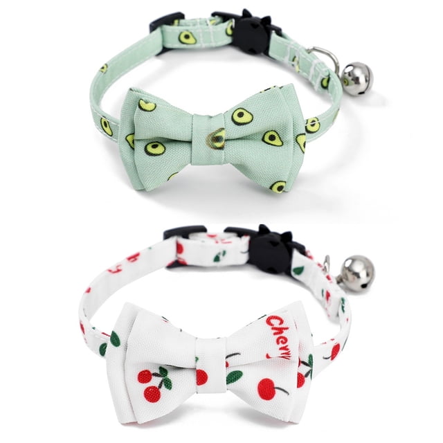 2 Pack Breakaway Cat Collars with Bowtie, Safety Buckle Cat Collars with Bell, Summer Print Collars