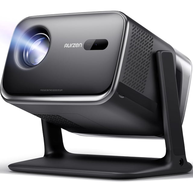 Aurzen Boom mini Google TV 4K Supported Smart Projector with WiFi and Bluetooth, Black - Refurbished Excellent. A compact black projector with a modern design, featuring a high-brightness lens and integrated stand. Ideal for home theatre setups and outdoor movie nights, it supports 4K resolution, Google TV streaming, and wireless connectivity.