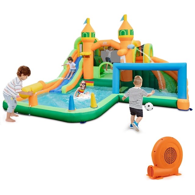 Gymax Kids Inflatable Water Slide Park w/750W Blower Basketball Rim Wet Dry Combo