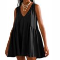 thumbnail image 2 of Penkiiy Robe Courte Sans Manches à Col en V pour Femme, Ample, d'Été, Plissée, Évasée et Fluide, 2TG, Noire, 2 of 7