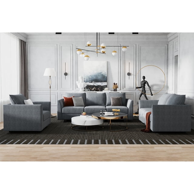 HONBAY Ensemble de Canapé Sectionnel Modulaire 3 Pcs en Gris Bleuâtre, Comprenant un Trois Places, un Causeuse et une Chaise Simple avec des Compartiments de Rangement Cachés sous Chaque Siège. Rembourré en Tissu 100 % Lin Respirant et Adapté aux Animaux, Cet Ensemble de Canapé Modulaire Offre des arrangements d'Assise Flexibles et des Coussins en Mousse à Haute Résilience pour le Confort. Soutenu par un Cadre en Bois de Pin durable, Il Est Idéal pour les Salons, Appartements Ou Bureaux. l'Installation Est Présentée dans un Salon Moderne avec Tapis à Rayures, tables Basses Rondes et art Mural