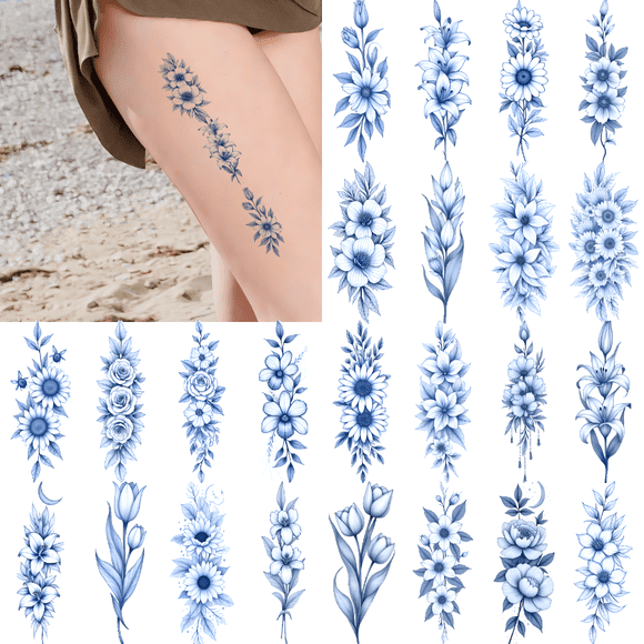 9 Sheets Temporary Tattoo Stickers Waterproof Long Lasting Body Stickers Blue Line Floral Rose Butterfly Peony Flower Adult Women Tattoo Stickers Arm Forearm Thigh Back Shoulder