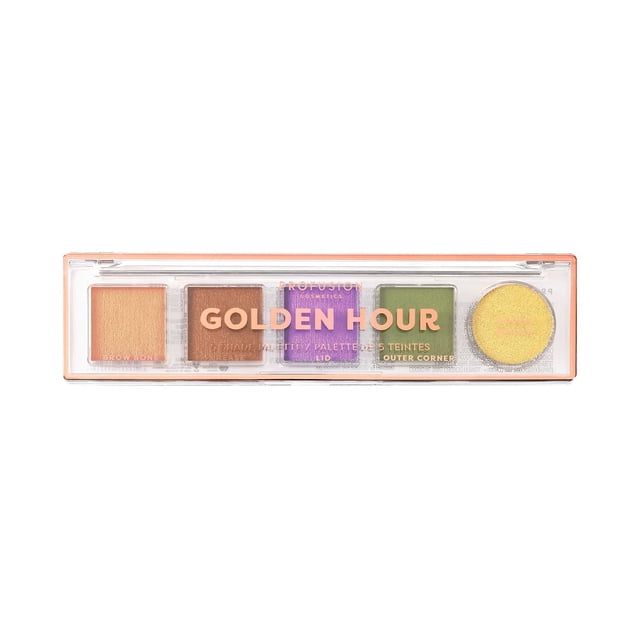 PROFUSION COSMETICS 5 Shade Eyeshadow Palette Golden Hour with five eyeshadow pans in warm beige, brown, purple, green, and yellow shimmer shades in a clear rectangular case, featuring satin and shimmer finishes, enriched with vitamins A and E, talc and paraben free, ideal for versatile day to night looks and travel.