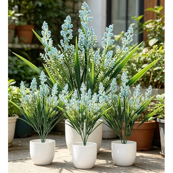 Artificial Plants Outdoor,Fake Flowers, UV Resistant Fake Lavender & Monkey Grass,Realistic Plastic Faux Plants for Balcony, Patio, Porch Greenery Decor, Planter Filler,1 Bundle Blue