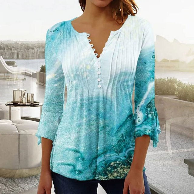 T-Shirt à Manches Courtes Imprimé Floral Top Dames Bleu L