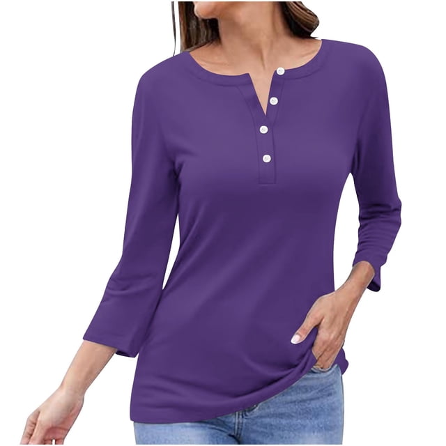 Timegard Tops for Women Long Sleeve Notched V-Neck Button Shirts Solid Color Fall Casual Loose Comfy Tops