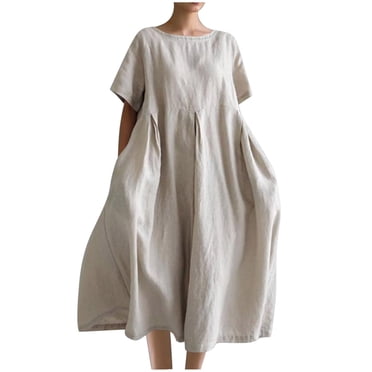 Robes Caftans en Coton et Lin pour Femmes Grande Taille à Manches Courtes Amples et Larges Robe Maxi Plissée à Volants Longue Robe Gris, G