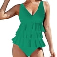thumbnail image 4 of UPPADA Womens Blouson Tankini Swimsuits Ruffle Tankini Top with Briefs V Neck Solid Color Two Piece Bathing Suit Beach Swimsuit Slimming At The Waist Ladies Swimsuits Tummy Control Green,L, 4 of 6