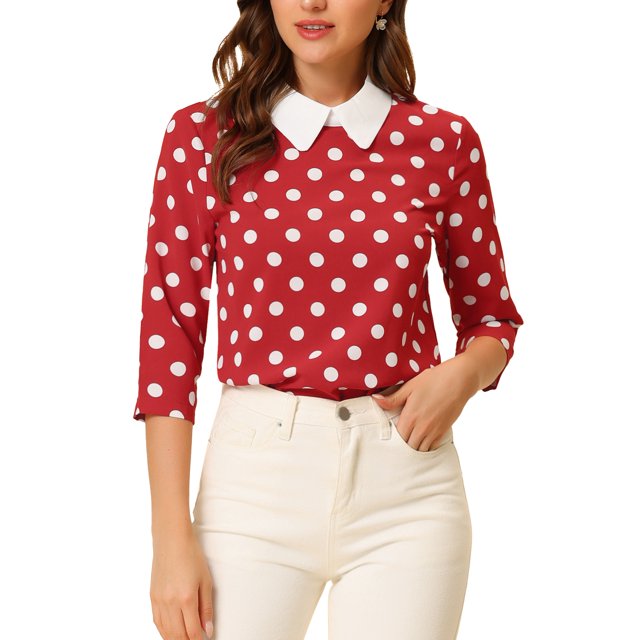 INSPIRE CHIC Chemisier pour Femme à Col Peter Pan Contrastant Manches 3/4 Blouse Chemises TP Rouge Blanc