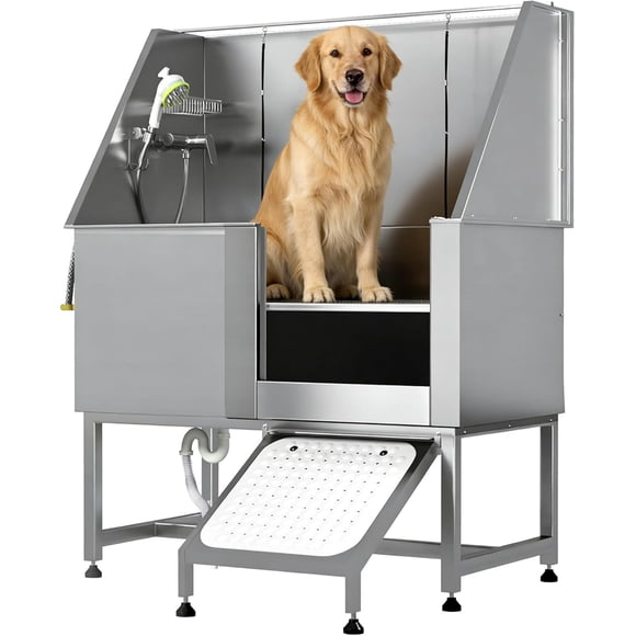 JFHID 50" Professional Stainless Steel Dog Washing Station, Height Adjustable Pet Grooming Bathtub with Right Ramp for Small, Medium and Large Dogs