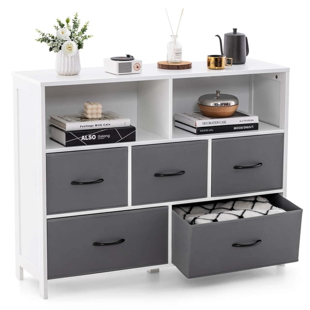 Costway Commode à 5 Tiroirs pour Chambre, Commode avec 2 Grands Bacs en Tissu, Blanc