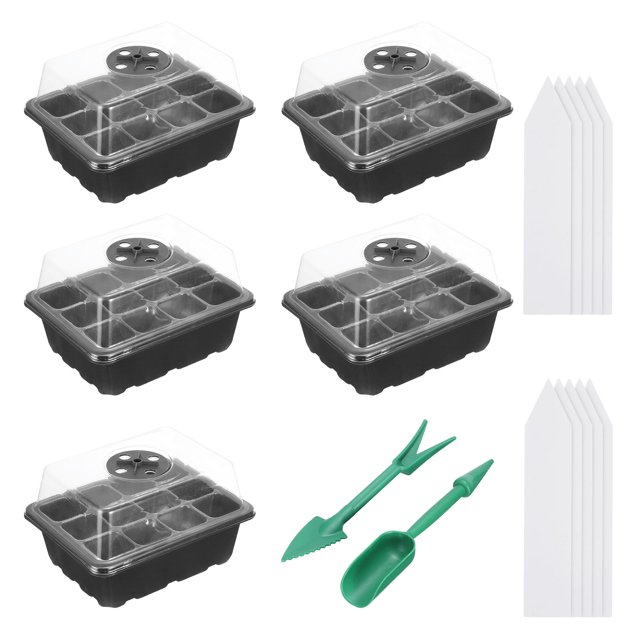 Unique Bargains 12 Cell Seeding Growing Tray Kit, with Adjustable Humidity Domes and Base for Greenhouse Planting, Black 5 Pack